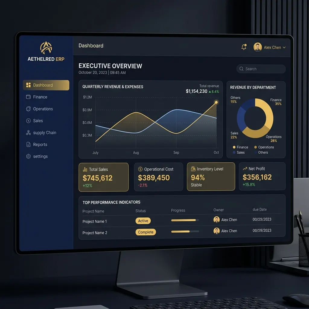 ERP dashboard showing revenue, sales and inventory figures on a desktop monitor