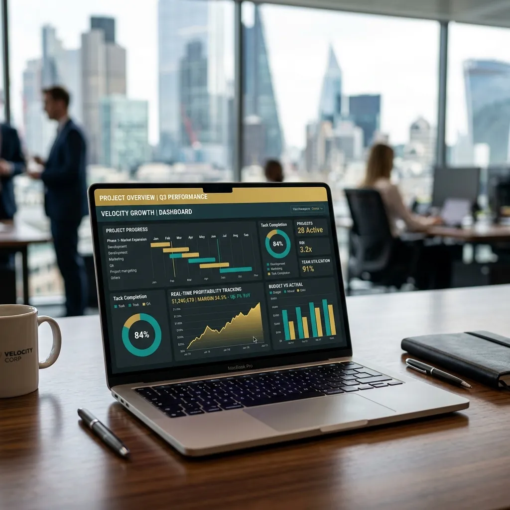 Laptop showing a project performance dashboard in a city office